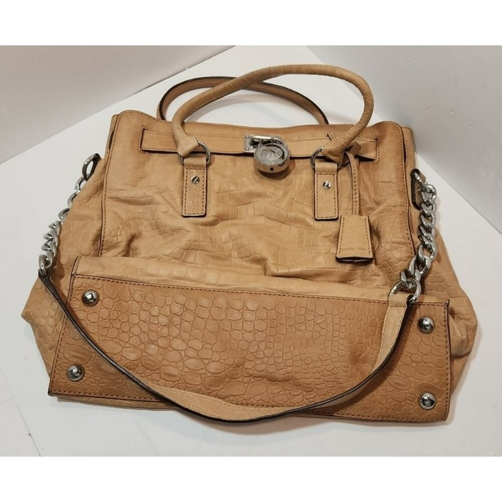 Michael Kors Hamilton Embossed Crocodile Chainlink Neutral Leather Lg Tote Bag